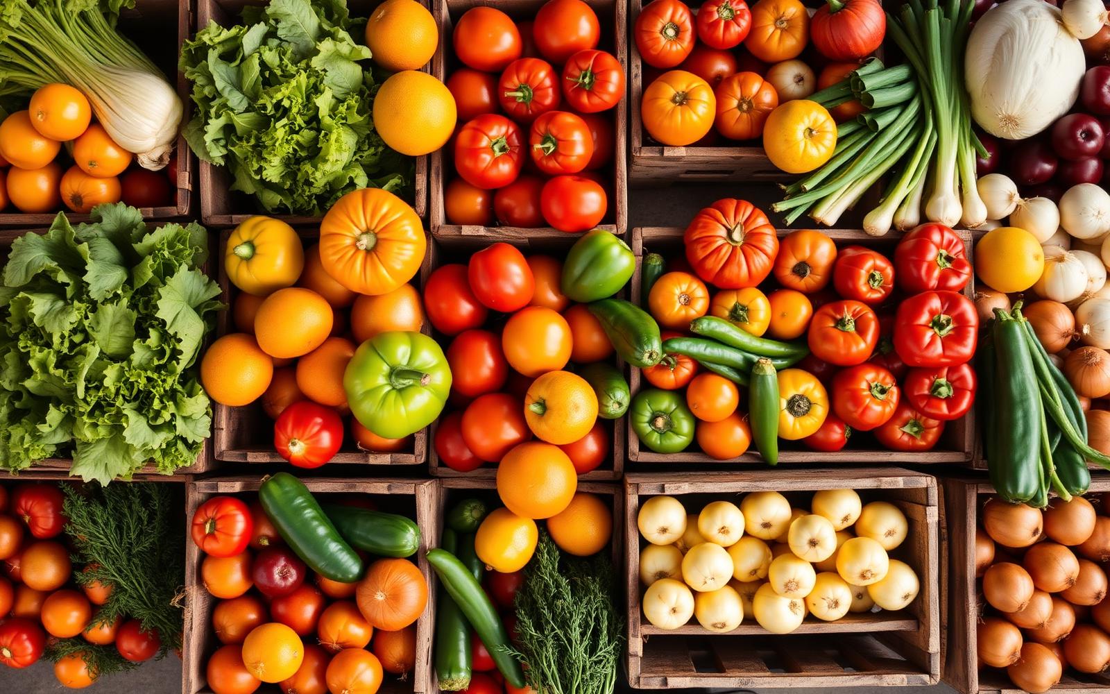 Frutas y verduras frescas en un mercado mayorista